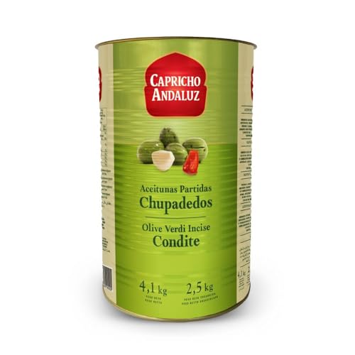 Capricho Andaluz - Aceitunas Partidas Chupadedos Lata 4,1kg (2,5kg Escurrido) - Aliño Tradicional con Ajo y Pimiento, Formato Profesional para Aperitivos y Hostelería