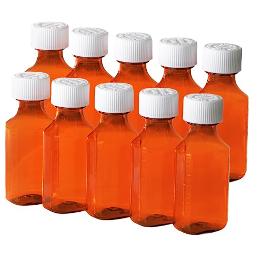 Vakly Amber Prescription Medicine Bottles 2 oz (10 Pack) – Oval Plastic Pharmacy Dispensing Bottles with Child-Resistant Caps for Medication & Light-Sensitive Liquids