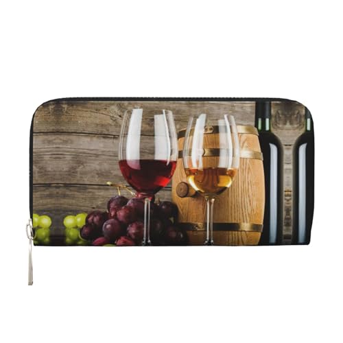 Art Red Wine Galsses & Grapes Print Women Wallet Trendy Travel-Friendly 7.9X3.9in Casual Clutch Purse Gift for Ladies