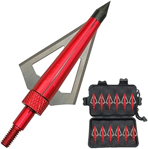 e5e10 12pcs Archery Broadheads 3 Fixed Steel Blade 125 Grain Hunting Arrowheads Fit for Compound Bow and Crossbow with One Black Plastic Portable Broadheads Case (Red)