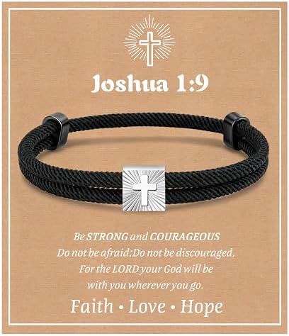 MEALGUET Christian Gifts Cross Bracelet for Boys : Adjustable Black Rope Faith Cross Bracelets for Men, Religious Jewelry Gift Ideas for Baptism Christmas, Stocking Stuffers for Teenage Young Boy Son