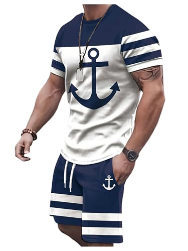 WDIRARA Men's 2 Piece Outfits Anchor Print Striped Tracksuits Short Sleeve T Shirt and Drawstring...