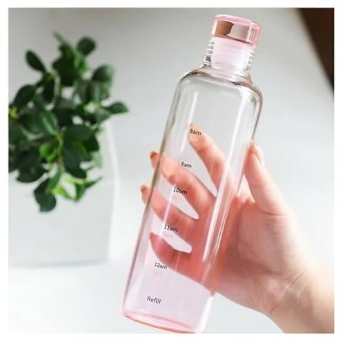 Image of Glass Water Bottle with Time Marker - 500ml Leakproof Reusable Bottle - BPA-Free Transparent Bottle with Colored Lids - Drinking Fridge Bottles Water, Milk, Lassi, Juices, Beverages (pink)