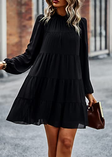 KIRUNDO Long Sleeve Baby Doll Dresses Women 2025 Casual Fall Winter Ruffle Mock Neck Tiered Mini Flowy Swing Shift Dress4