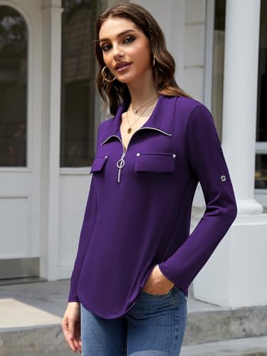 Image of Bulotus Womens 3 /4 Sleeve Tops Plus Size V Neck Zipper Business Casual Blouses for Office & Going Out Soft Knit Tunics, M-3XL