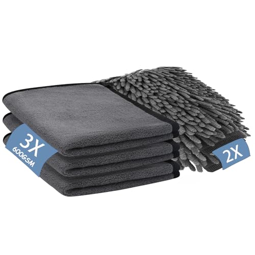 Behiruch 5 Piezas Kit Limpieza Coche - Juego de 3 Piezas Toalla Secado Coche & 2 Piezas Guante Lavado Coche, Cuidado Interior y Exterior del Automóvil para Familia, Camping