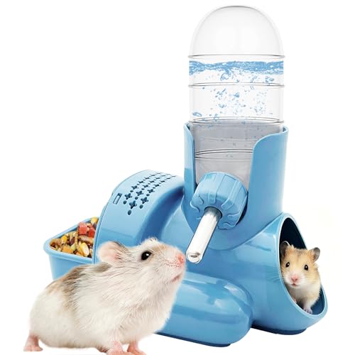 VANNON 3 in 1 Hamster Water Bottle No Drip Small Animal Water Bottle Automatic Bottle Dispenser with Food Container Base Hut and Hideout Base 4oz/120ml,Leekproof, BPA Free