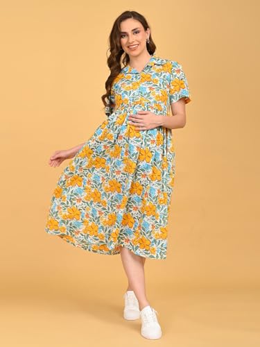 Image of The Mom Store Maternity and Nursing Dress | Pre and Post Pregnancy Dress for Womens | Zipper /Button Opening | Causal Wear | Trendy Stylish Causal Dresses for New Moms