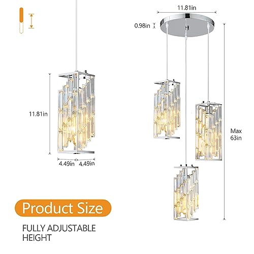 Image of Chrome Pendant Lighting Modern Pendant Light, Mini Crystal Chandeliers,Adjustable Pendant Light Fixture for Kitchen Island Dinning Room Bedroom (3 Light)