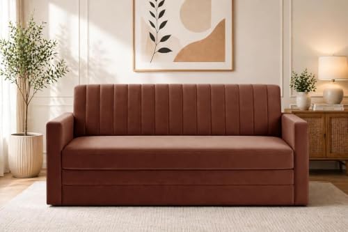 Image of Modern Velvet 3 Seater Sofa Cum Bed with Armrest, Convertible Sleeper Couch Sofa for Living Room, Bedroom & Office - Brown Color