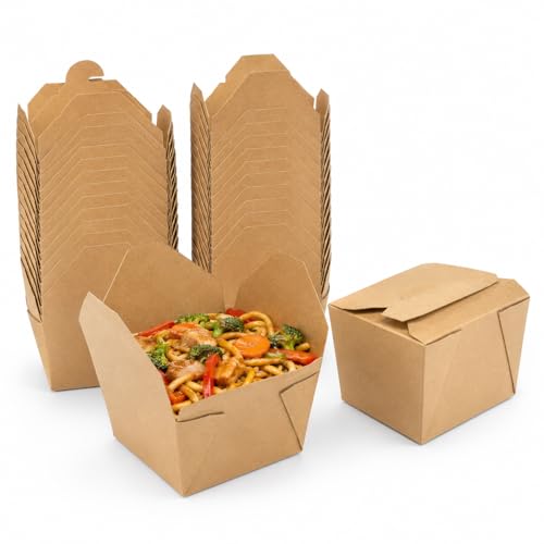 Thymera No.1 Kraft Takeaway Food Boxes Strong Leak-Resistant Disposable Food Containers Recyclable Brown Cardboard Takeaway Boxes for Hot & Cold Food Meal Prep Street Food & Catering (25)