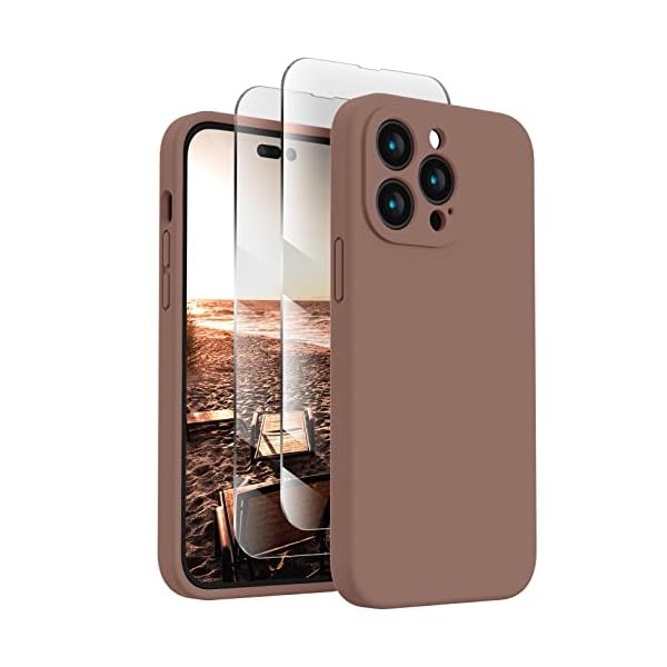 FireNova Designed for iPhone 14 Pro Case, Silicone Upgraded [Camera Protection] Phone Case with [2 Screen Protectors], Soft Anti-Scratch Microfiber Lining Inside, 6.1 inch, Light Brown