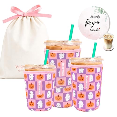 Image of WKIEASON Iced Coffee Sleeve Halloween Cup Sleeves Ceramic Coaster Gift Set