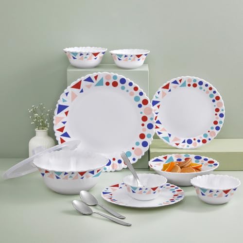 Image of Larah by Borosil Silk Series Speckle Opalware Dinner Set with Steel Spoon | 41 Pcs for Family of 6 | Microwave & Dishwasher Safe | Bone-Ash Free | Crockery Set for Dining & Gifting | Plates & Bowls