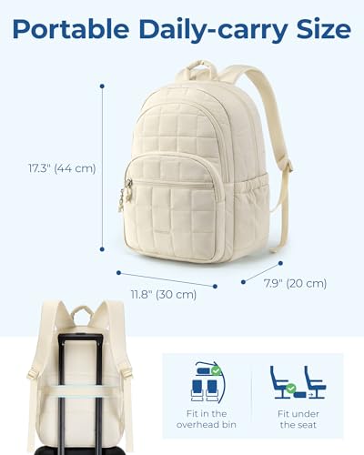 BAGSMART College Laptop Backpack, Travel Laptop Backpack for Women, Quilted Casual Daypack, Water-Resistant Bookbag for 15.6 Inch Laptop, Beige - Image 6