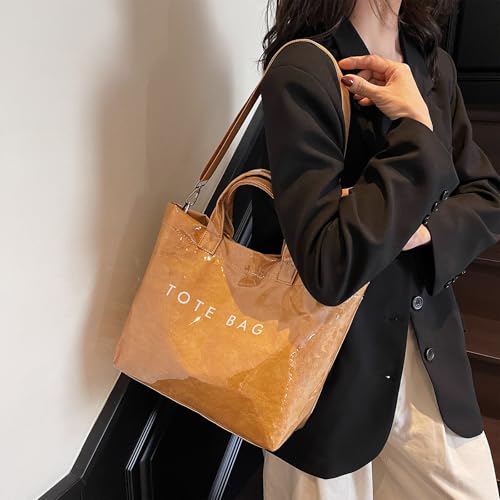 Image of PVC Tote Bag for Women Large Clear Plastic Letter Print Kraft Paper Top Handle Crossbody Shoulder Hobo Handbag(D-Brown)
