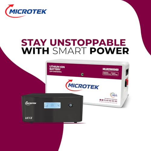 Image of Microtek Combo - Luxe 1900 Pure Sine Wave Inverter /UPS 1650VA 24V + 25.6V 100Ah LiFePO4 Battery (2.56kWh) | BMS Protected | Fast Charge | Long Life 3500+ Cycles Backup | Home /Office Backup