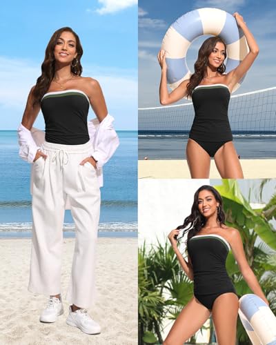 Daci Bandeau Tankini Swimsuits for Women - Two Piece Ruched Tummy Control Bathing Suit Strapless Swimwear with Bottom4