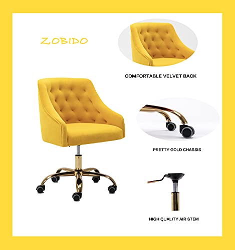 Zobido Comfy Home Office Task Chair With Wheels, Cute Modern Upholstered Velvet Seashell Back Adjustable Swivel Vanity Desk Chair, For Women, For Kids, For Girls, Living Room, Bedroom, (Yellow) #TOP5