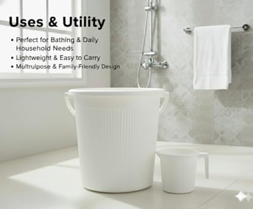 Image of MODWARE Plastic Bucket Set with Mug, 25L Bucket with 1.5L Mug, Polypropylene, Round Shape, (White, 25 L)