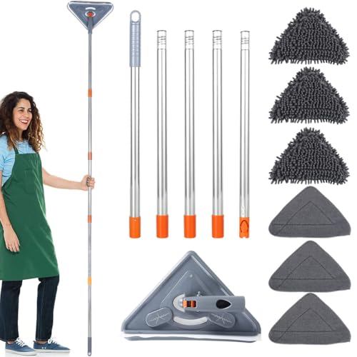 200CM Wall Cleaning Mop with Long Handle 360 Rotating Dry and Wet Triangle Ceiling Cleaner Tool Duster with 3 Replacement Microfiber Pads and 3 Chenille Pads for Floor Ceiling Window Wall