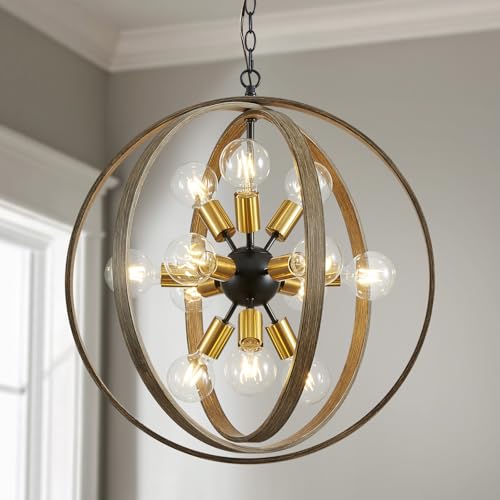 Saint Mossi 12-Light Farmhouse Chandelier for Dining Room, Rustic Globe Pendant Light Fixture with Adjustable Chain, Oaky & Brass Finish, H25 x D25