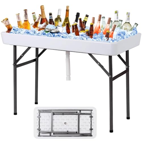 Giantex Folding Ice Table with Drain 4 ft Portable Cooler with Removable Skirt No Assembly Fill and Chill Table for Food Drink Beverage Foldable Party Ice Bin for Camping BBQ Outdoor White