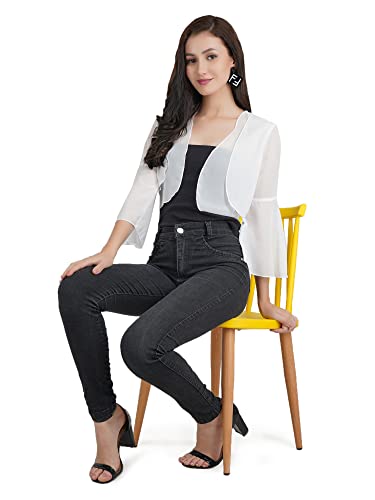 Image of AOL Women's Cropped Layered Lightweight Sheer Three-Fourth Bell Sleeves Georgette Open Neck Shrug Bolero