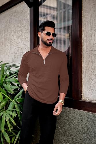 Image of KAJARU Men's Quarter Zip Pullover T-Shirt, Textured Ribbed Long Sleeve, Casual Mock Neck