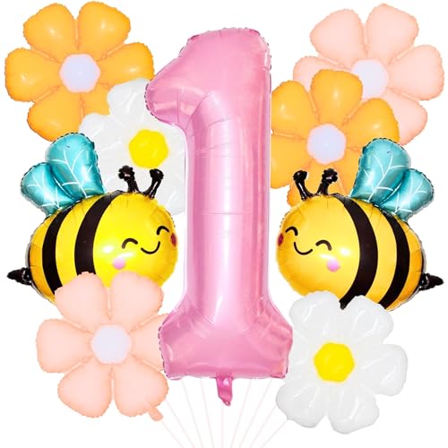 1st Birthday Decorations for Baby Girl Pink Daisy Flower & Honey Bee Balloon Arch Kit 40 Inch Number 1 Foil Balloon Pastel First Birthday Party Supplies for One Year Old Girl