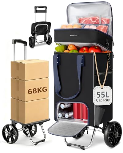 Ytonet Chariot de Courses à roulettes 55L, Caddie de Courses Pliable Porte Jusqu'à 68 kg, Chariot de Courses Imperméable avec Sac Isotherme et Poche Anti-vol, Le...
