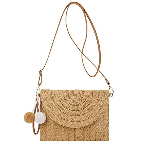 Women Straw Crossbody Handbag Woven Shoulder Bag Summer Beach Envelope Clutch Purse with Pom Poms (Khaki)3