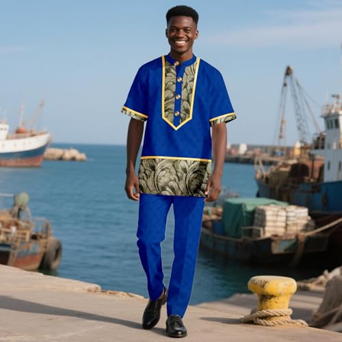 African Traditional Clothing for Men Half Sleeve Embroidery Single Breasted Shirts and Pants 2 Piece Set2