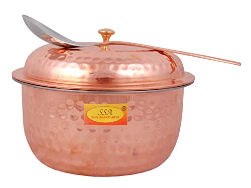 Shiv Shakti Arts® Steel Copper Handi | Casserole - With Lid & Spoon - (Hammer Matthar Design - 1500 ml)