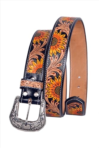 Western Leather Belt Hand Finished Sunflower pattern Unisex Belt, Removeable Buckle 30IS0044