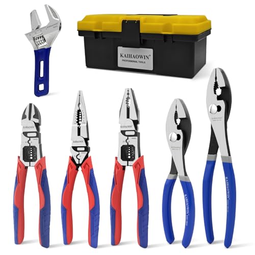 KAIHAOWIN 6-Piece Tool Set with Case, 8.8” Long Nose, 8.8” Linesman, 8” Diagonal, 6“ Adjustable Wrench, 5” Needle Nose, 5 Flush Cutter for Repairing & Home Use