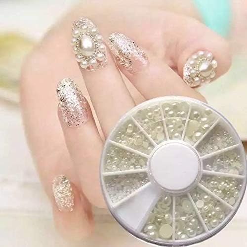 White Pearl Nail Art Stone,Different Size Rhinestones Beads in one Wheel, Diamonds Dazzling Tips Nail Sticker Sequins Colorful Nail Art Decoration (3 Shapes White Pears)