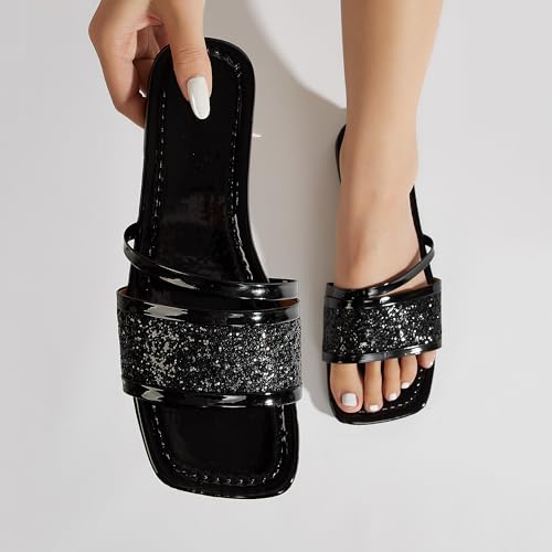 Image of Women's Open Toe Flat Sandals Rhinestone Glitter On Casual Fashion Slippers Quick Drying Indoor & Outdoor Slides