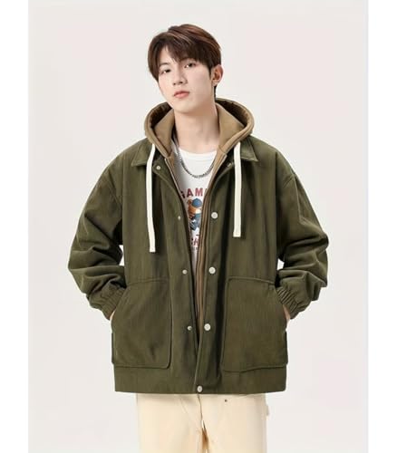 INVACHI Men's Hooded Corduroy Jacket Drawstring Fuzzy Hoodie Casual Flannel Jacket4