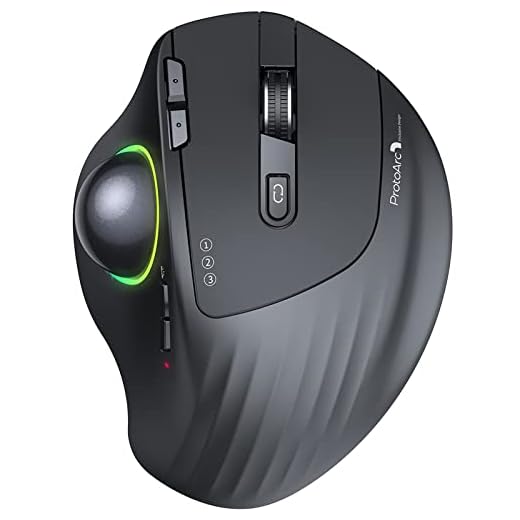 ProtoArc Wireless Bluetooth Trackball Mouse, EM01 2.4G RGB Ergonomic Rechargeable Rollerball Mice with 3 Adjustable DPI, 3 Device Connection&Thumb Control, Compatible for PC, iPad, Mac, Windows-Black