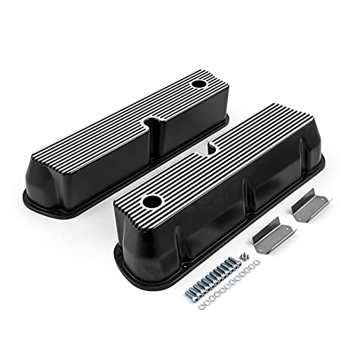 Speedmaster PCE314.1083.06 Compatible with Ford SB 289 302 351 Windsor Black Aluminum Ribbed Valve Covers Tall w/Hole