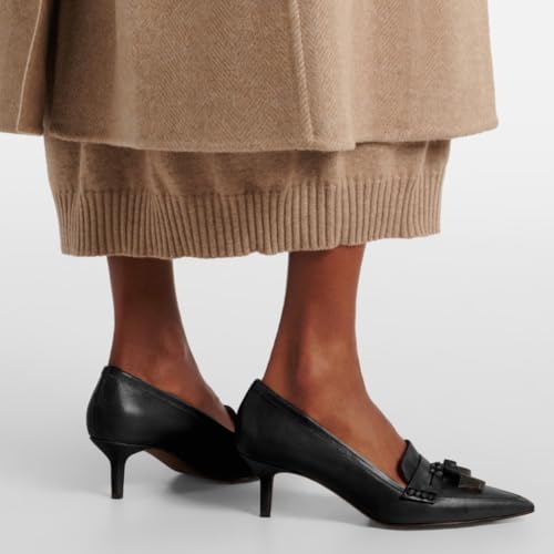 SHODENSE Women Kitten Heel Loafers Tassel Pointed Toe Loafer Pumps Slip On Dress Kitten Heels Penny Loafers Fringe Matte Vintage Office Loafer Heels 2 inch 4-11 M US3