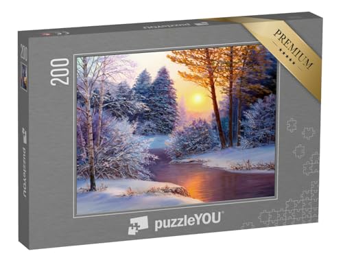 puzzleYOU: Puzzle 200 Teile „Winterlandschaft mit Fluss, Ölgemälde“ – aus der Puzzle-Kollektion Natur, Kunst & Fantasy