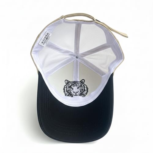 Image of Beige Cotton Baseball Cap with Tiger Embroidery for Men & Women, Adjustable Metal Buckle Strap, Curved Visor Sun Cap for Casual Wear, Travel & Outdoor (Pack of 1)