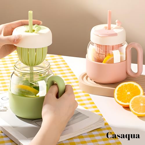 Image of Glass Tea Infuser Mug with Straw & Handle - 550ml, Set of 1, Cute Heart Design Cup, Drinking Glass for Iced Coffee, Matcha, Milk, Juice, Smoothies & Water, Reusable Travel Mug (Random Color)