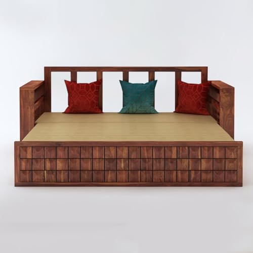 Image of Wooden Sofa Cum Bed for Living Room | Solid Sheesham Wood Convertible 3 Seater Diwan Sofa Bed with Pull-Out Storage Armrest | Folding Double Bed for Home, Guest Room & Office | Honey Finish