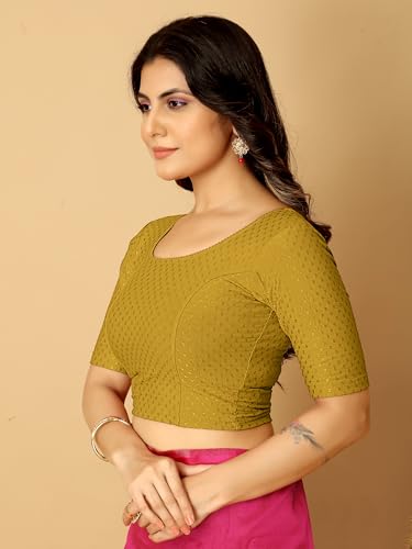 Image of Amazon Brand - Anarva Round Neck Dobby Cotton Lycra Stretchable Elbow Half Sleeve Readymade Saree Blouse for Women Stylish