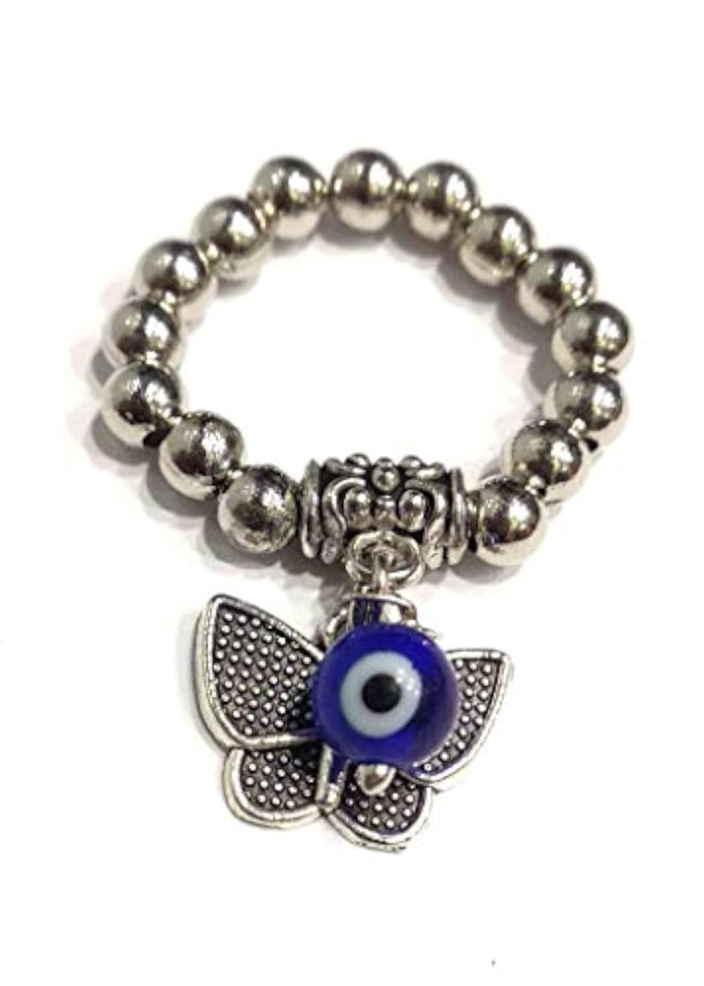 Oxidized Stretchable Ring with Evil Eye Beads & Butterfly