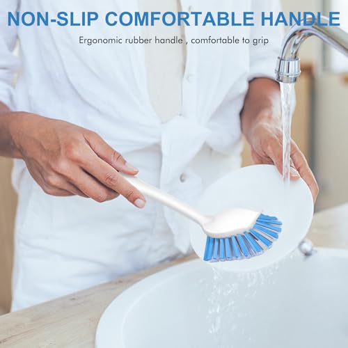 Image of SetSail Dish Brush with Handle, 3 Pack Stiff Bristles Dish Scrubber with Built-in Scraper Dish Scrub Brushes for Cleaning Dishes, Pots and Pans, Kitchen Sink, 3 Pack, Black Blue