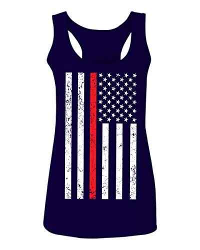 Cool Dad Fireman Firefighter red Thin line American Flag USA Support Women's Tank Top Racerback (Navy Blue, Medium)